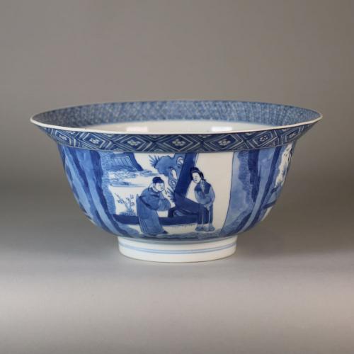 Chinese blue and white klapmutz bowl, Kangxi (1662-1722), decorated with four scenes from the ‘Romance of the Western Chamber’