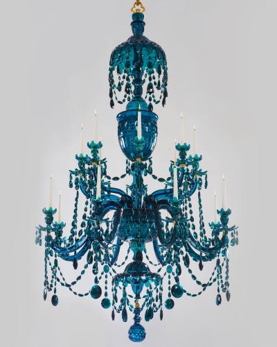 An Extremely Rare George III Peacock Green Sixteen Light Chandelier Attributed to William Parker