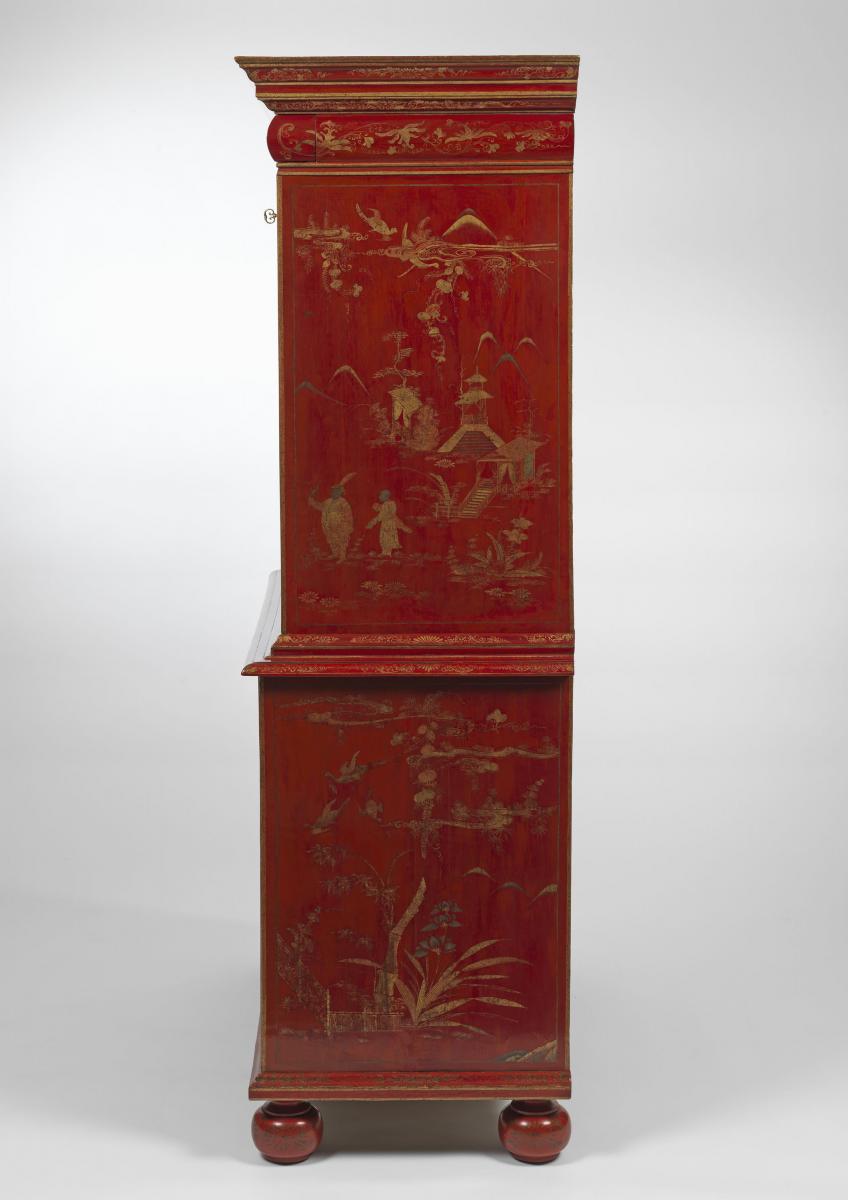 A Magnificent William and Mary Scarlet, Gilt and Silver-Lacquer Secretaire-on-Chest  Circa 1690