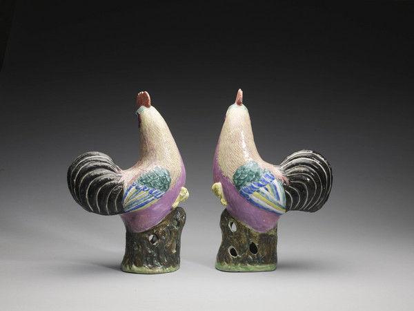Pair of Chinese Export Porcelain Models of Cockerels, Qing Dynasty, Qianlong Period