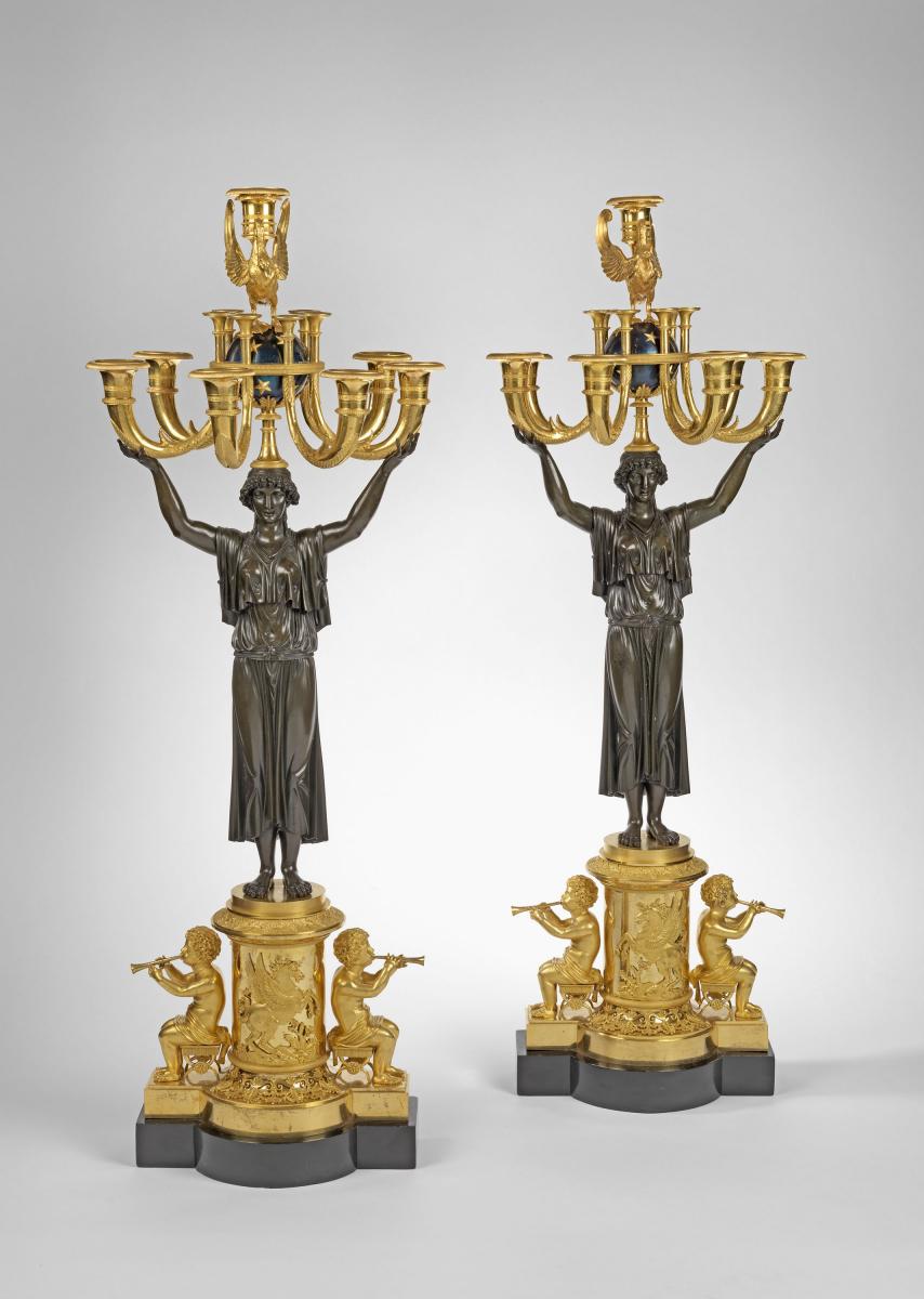 A Pair of Empire Ormolu, Patinated and Blued-Steel Seven Light Candelabra   Circa 1805