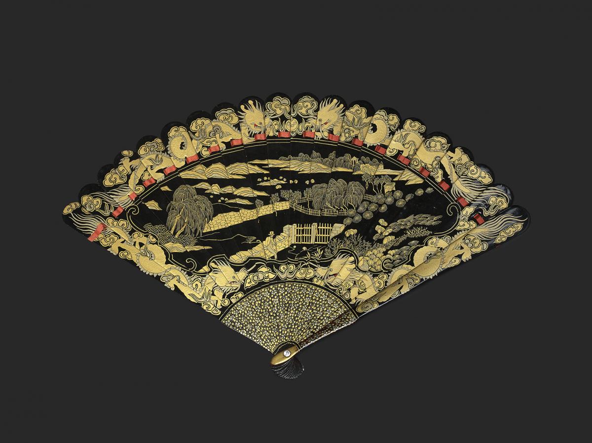 A Chinese Black and Gold Lacquered European Subject Fan, Qing Dynasty, Daoguang Period, Circa 1840 - 1850