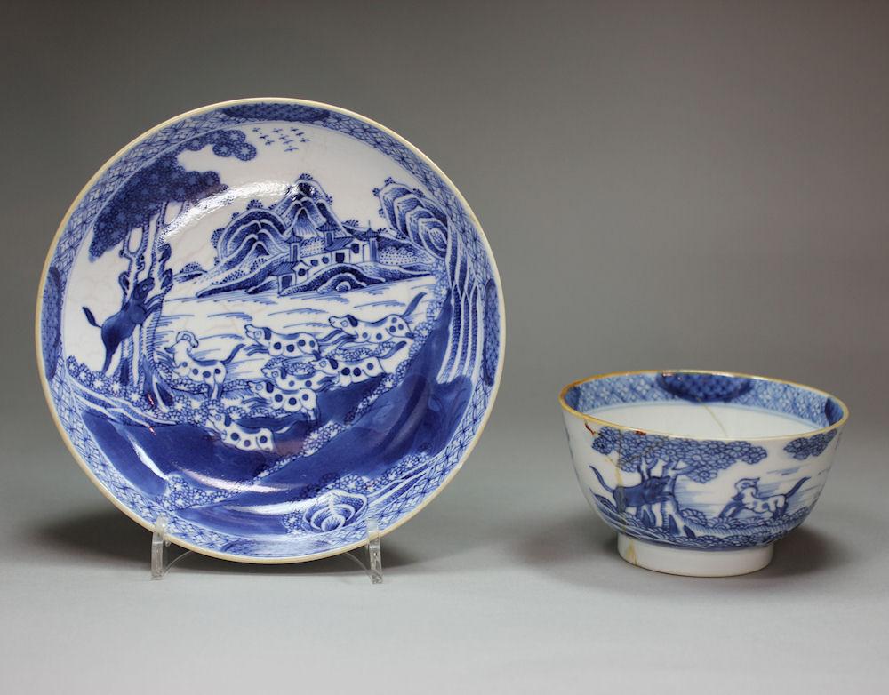 Very rare Chinese export blue and white teabowl and saucer, c.1770