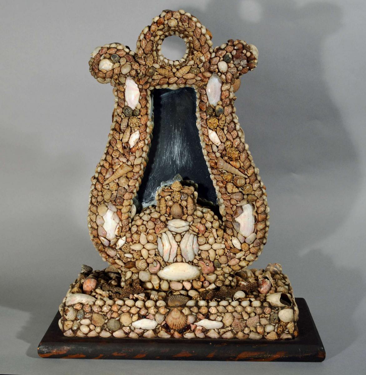 American Shellwork Standing Mirror in the Form of a Harp, Circa 1885