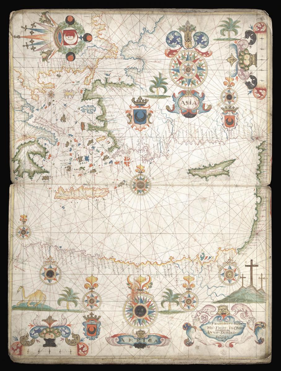 A magnificent portolan atlas signed by a member of the leading family of chart-makers of the Mediterranean