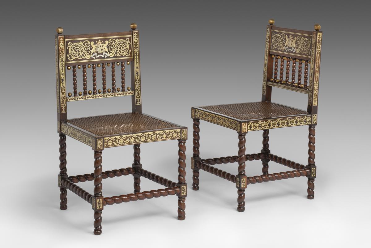 Pair of Regency Rosewood and 'Buhl' Marquetry Antiquarian Side Chairs