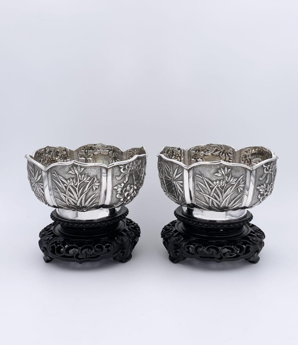 Pair of Chinese Export Silver Bowls