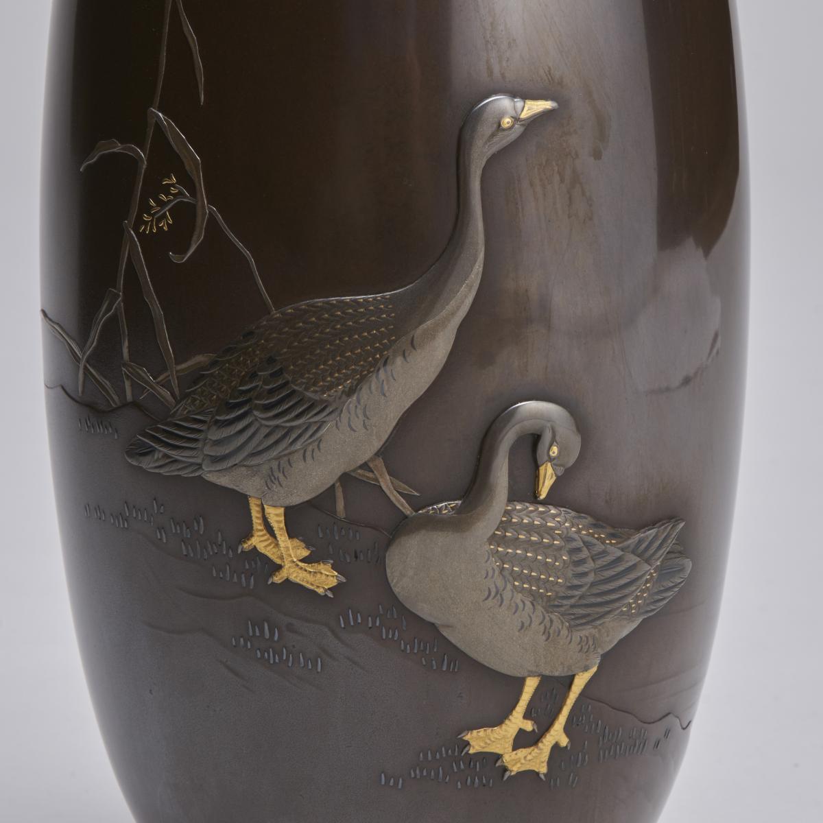 A classically elegant 19th Century Japanese Bronze vase with multi-metal decoration (Signed Joun)