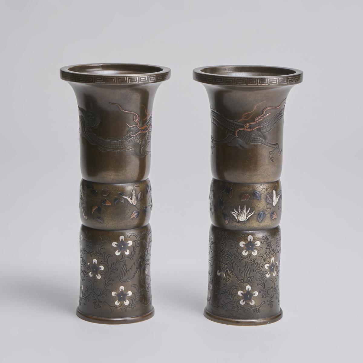 Japanese late 19th Century Bronze and multi-metal sleeve vases with Dragon decoration