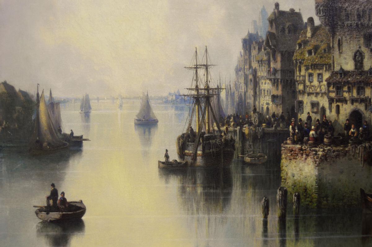 Continental townscape oil painting of a busy harbour town by Ludwig Hermann