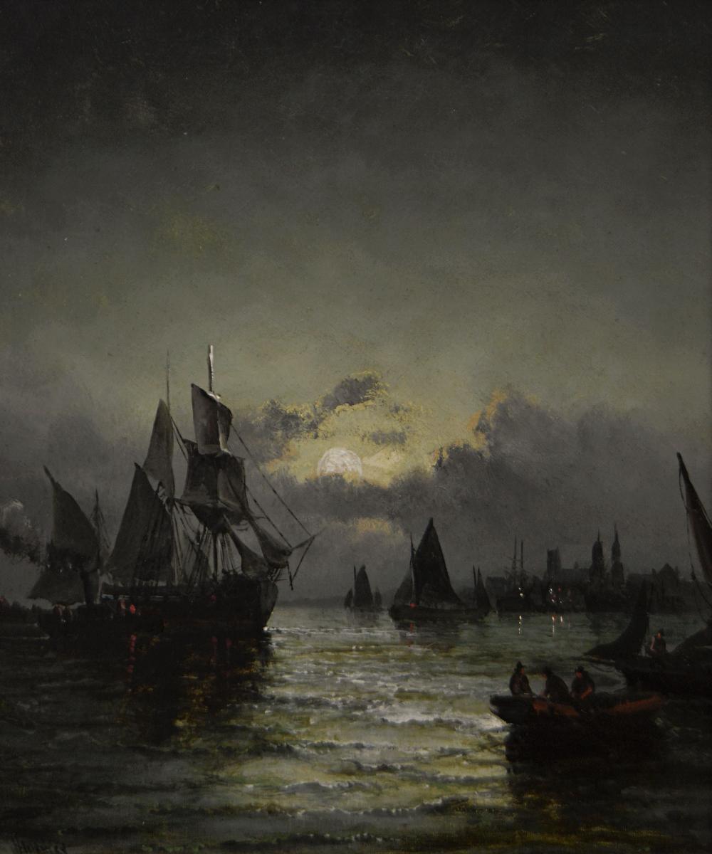 Seascape oil painting of shipping in moonlight on a Dutch river by Hubert Thornley