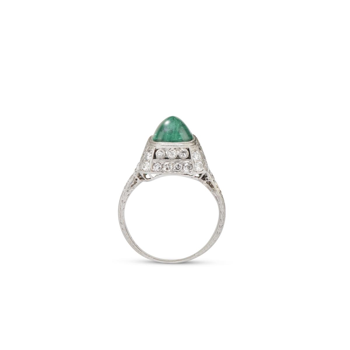 Art Deco Sugarloaf Emerald and Diamond Ring