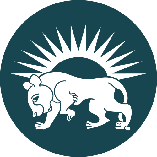 A lion standing underneath a rising sun in white on a teal coloured ground