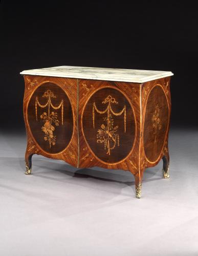 An Exceptional Pair of George III Marquetry Bombe Commodes, attributed to Mayhew and Ince, English circa 1770