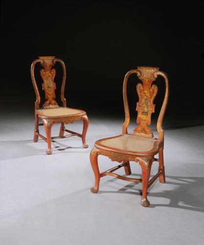 A Pair of George II Scarlet Japanned Side Chairs from the Lazcano Suite by Giles Grendey
