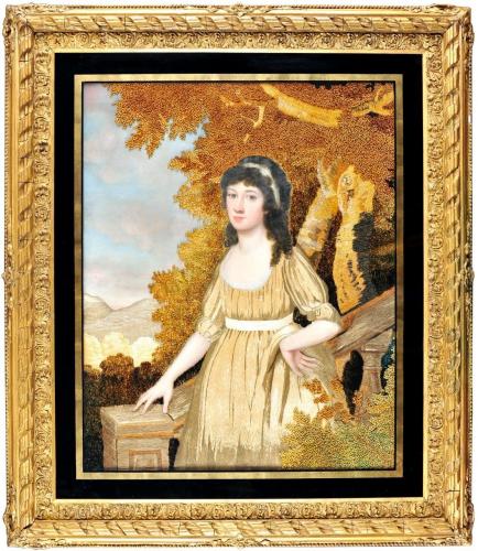 Fine Early 19th Century Portrait with Exceptional Embroidered Dress and Landscape