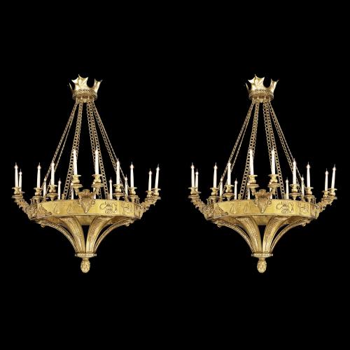 Pair of Sixteen Light Chandeliers in the Gothic Manner