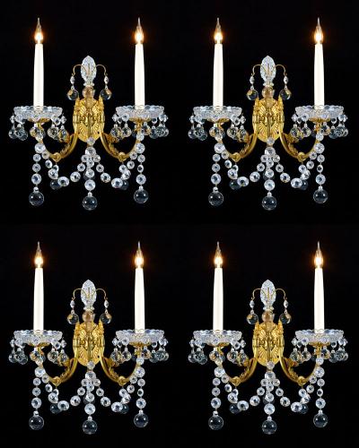 A SUPERB SET OF FOUR CUT GLASS AND BRASS LACQUERED WALL LIGHTS BY PERRY&CO, English Circa 1890