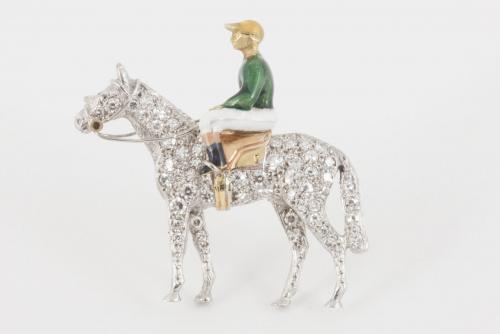Alabaster & Wilson Racehorse & Jockey Equestrian Brooch, Diamonds & Enamel in Gold, English circa 1970