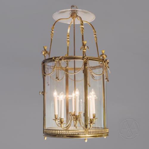 A Large Louis XVI Style Gilt-Bronze Cylindrical Eight-Light Lantern After the Model at Fontainebleau