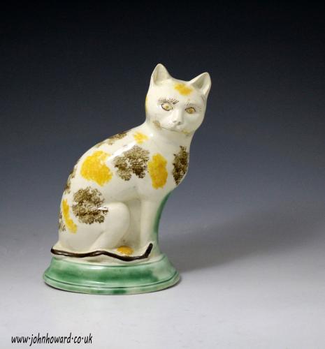 Antique English pottery figure of a seated cat with underglaze colours circa 1780 period, Staffordshire
