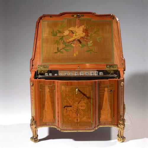A Very Rare Louis XVI Period Serinette or Bird Organ Music Box In The Form Of A Transitional Style Gilt-Bronze Mounted and Marquetry Inlaid Miniature Commode In The Manner of Gilbert,  By Richard, Paris