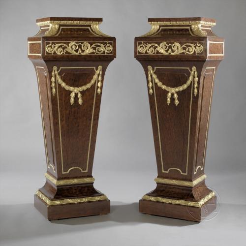 A Very Fine Pair of Louis XVI Style Gilt-Bronze Mounted Mahogany Pedestals. Attributed to Sormani