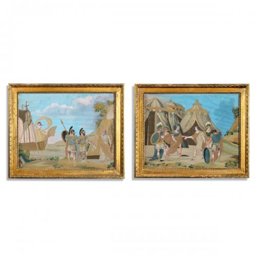 An unusual pair of Italian silk embroidery and gouache painted paper pictures