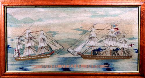 Unusual Sailor's Woolwork (Woolie) of Two Royal Navy Ships,   Titled "Wood versus Iron",   Circa 1865 