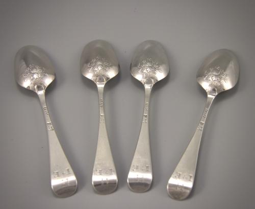 George III set of 4 Sterling Silver Hanoverian 'Basket of Flowers' picture back teaspoons by Henry Bickerton. Circa 1762