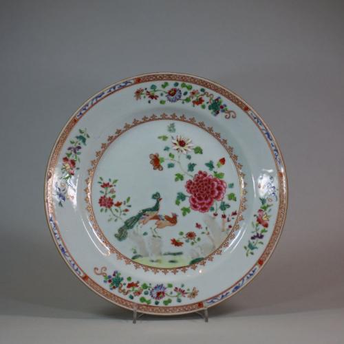Small Chinese famille rose 'double peacock' dish, Qianlong (1736-95)