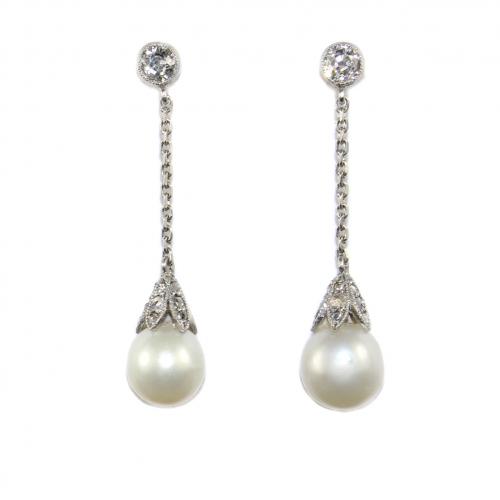 Art Deco Natural Pearl and Diamond Earrings circa 1930