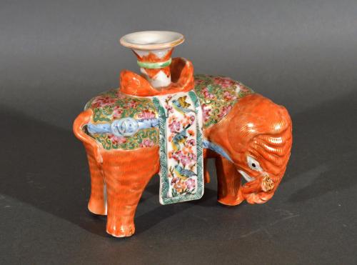 Chinese Export Porcelain Canton Famille Rose Elephant Modeled as a Candlestick, Circa 1860