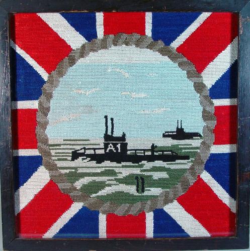 Sailor's Embroidered Woolwork Picture of HMS A1 and two other Submarines, Early 20th century