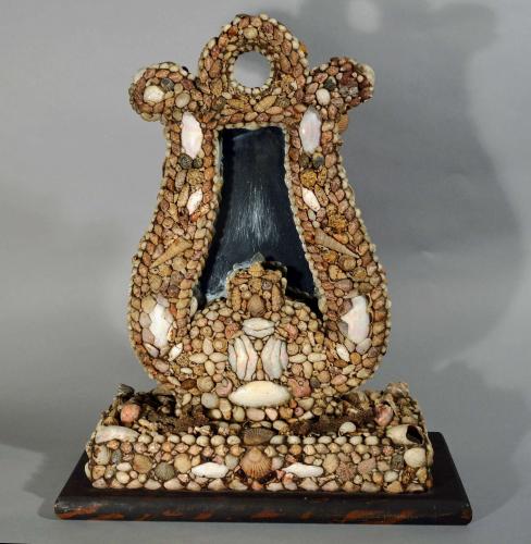 American Shellwork Standing Mirror in the Form of a Harp, Circa 1885