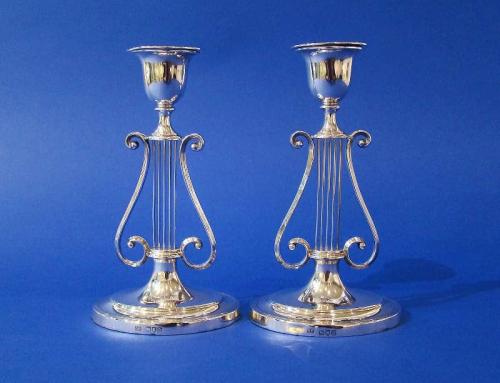 Pair of Victorian Silver Lyre Candlesticks