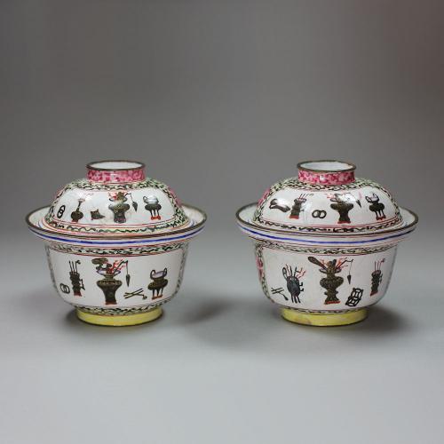 Pair of Chinese Canton enamel bowls and covers, Qianlong (1736-95)