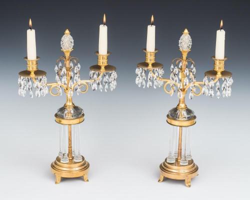 A Pair of Ormolu and Glass Temple Candelabra