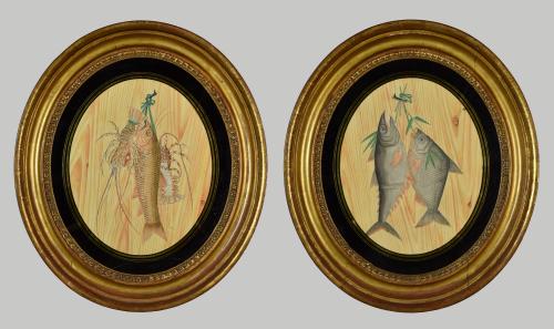An unusual pair of oval Chinese watercolours of fish, c.1780