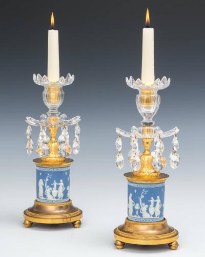 A Fine Pair of George III Cut Glass Ormolu Mounted Jasper-ware Candlesticks