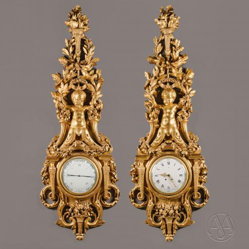 A Large Louis XVI Style Carved Giltwood Clock and Barometer Set Dating From Circa 1860