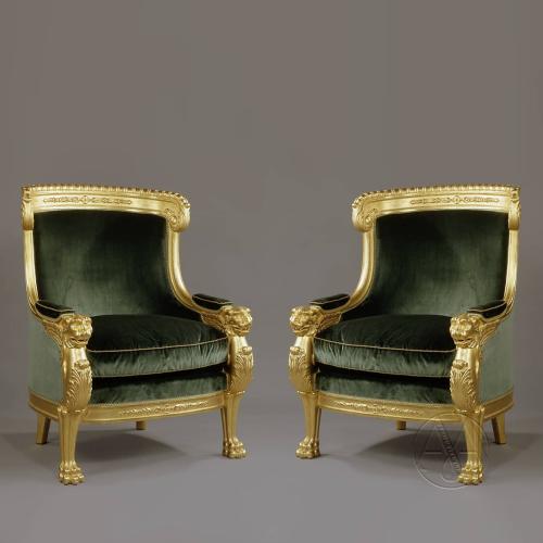 An Important Pair of Empire Style Carved Giltwood Tub Chairs 