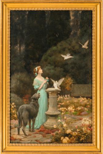 A girl feeding doves at a sundial by Percy Harland Fisher