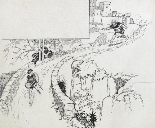 Frank Watkins original ink illustration of Jack Escaping the Giant