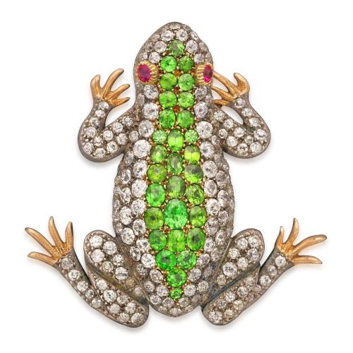 Late Victorian Antique Diamond And Demantoid Garnet Frog Brooch