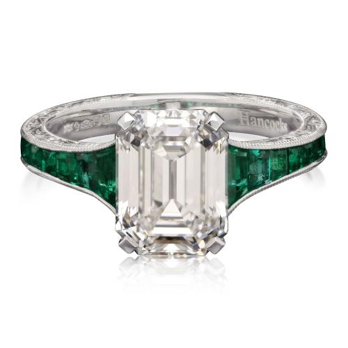 Hancocks 2.85ct Emerald-Cut Diamond Ring With Calibre Cut Emerald Band In Platinum
