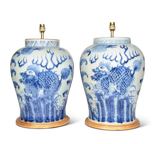 Blue and White Fo Dog Lamps