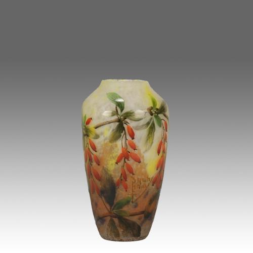 Early 20th Century Cameo Glass "Rosehips Vase" by Daum Freres