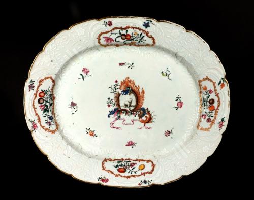 Chinese Export Porcelain Armorial Dish, Pseudo Continental Arms, Motto: "Pura Placet Piteas", After a Meissen Porcelain Original Service, Circa 1760