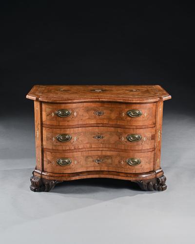 Rare Mid 18th Century German Walnut Pewter and Ivory Marquetry Serpentine Commode